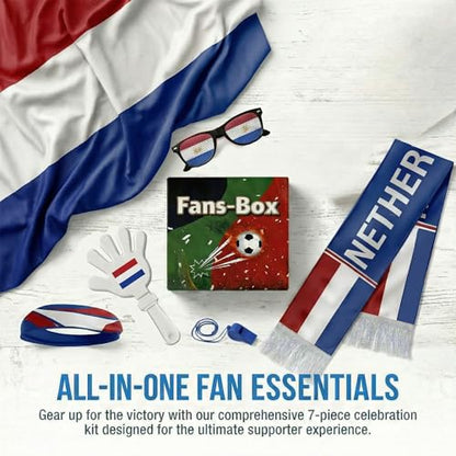 Soccer Fan Gear Set 2026-7 Piece Game Day Kit with Flag, Scarf, Glasses, Whistle, Clapper, Wristband & Headband in Gift Box - Watch Party & Stadium Essentials for Netherlands - color: Netherlands