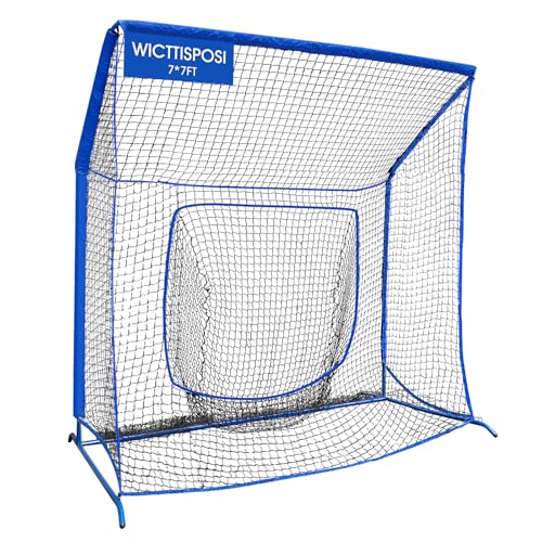 Baseball Softball Net with Blocking System, 7x7ft/6x6ft/10x7ft Practice Cage Net for Batting/Pitching/Fielding, Metal Frame with Elevated Base and Storage Bag for Backyard Indoor Training - size: 7x7FT