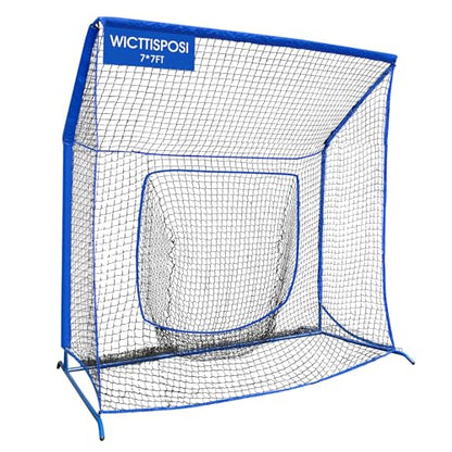 Baseball Softball Net with Blocking System, 7x7ft/6x6ft/10x7ft Practice Cage Net for Batting/Pitching/Fielding, Metal Frame with Elevated Base and Storage Bag for Backyard Indoor Training - size: 7x7FT
