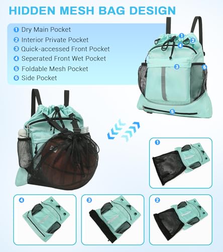 Drawstring Backpack, Waterproof Sandproof Beach Backpack for Sport Gear Small Gym Bag with Hidden Ball Net Pocket and Seperated Wet Pocket Draw String Back Bag for Women Men, Green - color: Green