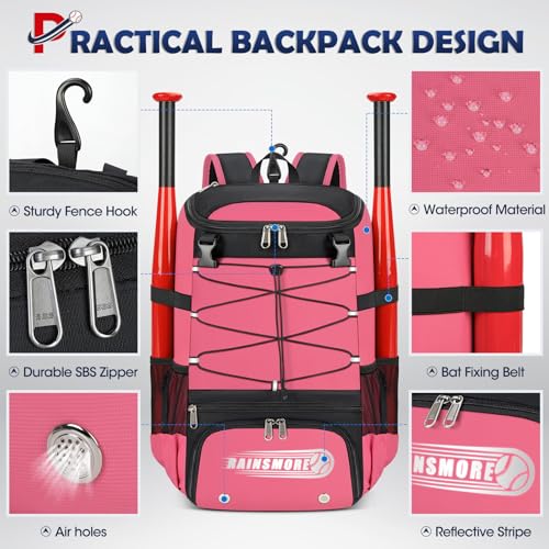 RAINSMORE Baseball Bag for Youth & Adult Lightweight Softball Bat Bag with Shoe Compartment, External Helmet Holder and Fence Hook Waterproof Baseball Backpack Hold T-Ball, Bat and Softball Equipment - color: Pink
