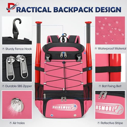 RAINSMORE Baseball Bag for Youth & Adult Lightweight Softball Bat Bag with Shoe Compartment, External Helmet Holder and Fence Hook Waterproof Baseball Backpack Hold T-Ball, Bat and Softball Equipment