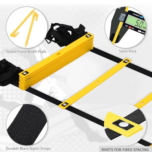 Fixed Rung Agility Ladder - 20ft 12 Rungs No Tangle Speed and Agility Training Equipment for Soccer Footwork Training with Carrying Bag/Ground Stakes for Adults Youth Kids - color: Yellow