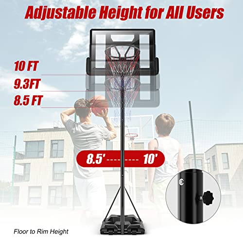 Goplus Portable Basketball Hoop Outdoor, 8.5-10FT Height Adjustable Basketball Stand w/39Inch Shatterproof Backboard, Fillable Base, 2 Nets, Indoor Ouside Driveway Court Basketball Goal for Adults