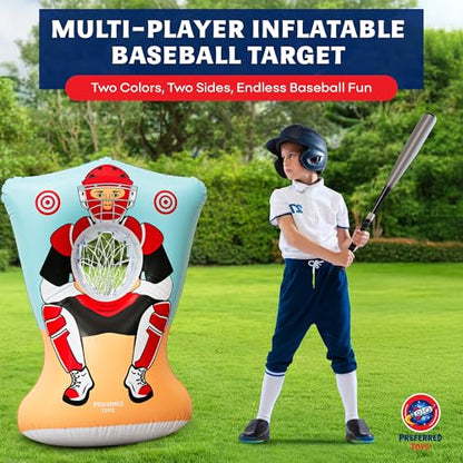 Preferred Toys Inflatable Baseball Pitching Target for Kids 3 and Above - Double-Sided Throwing Toss Game with 4 Soft Balls - Indoor Outdoor Baseball Toys Training Equipment - Red/Blue