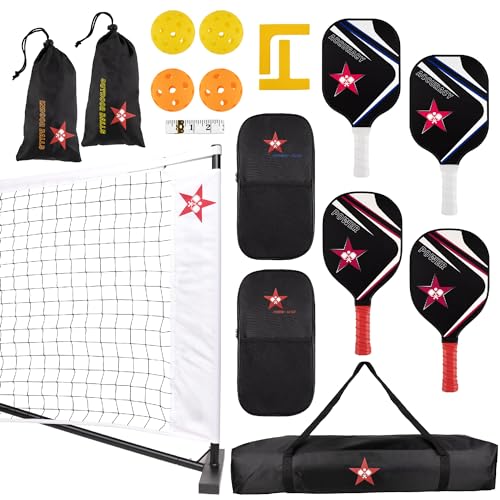 Pickleball Net Complete Kit, Full Court Size (22 FT) Two Different Paddle Styles, Weather Resistent Metal Frame, Carry Bag, for Indoor/Outdoor/Driveway.