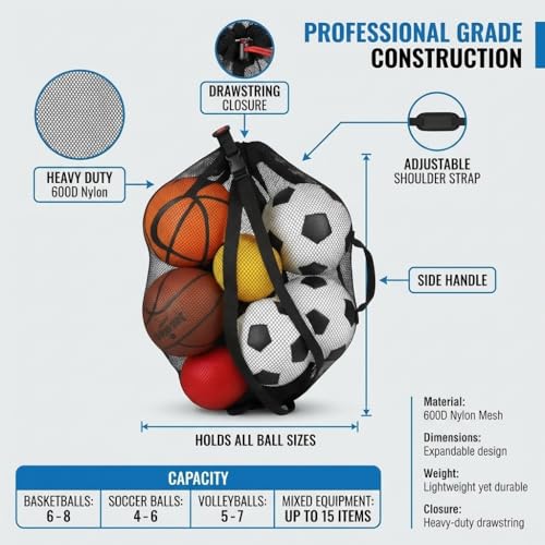 Keeble Outlets Basketball Bag | Large Mesh Ball Bag for Basketballs, Soccer Ball, Volleyball Ball & Sports Equipment | Heavy Duty Mesh Bag | Ball Storage Net with Strap | Sports Bag for Equipment
