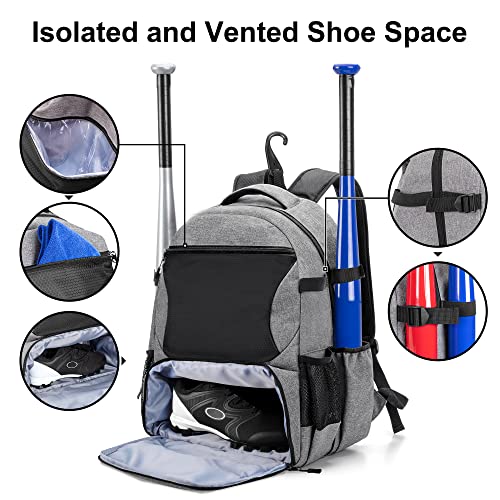 Baseball Backpack Holds Up to 4 Bats, Softball Bat Bag with Vented Shoe Compartment Up to Mens 13, Hence Hook and Multi Pockets for Essentials