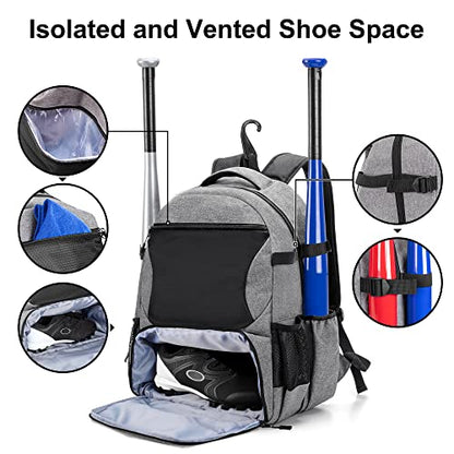 Baseball Backpack Holds Up to 4 Bats, Softball Bat Bag with Vented Shoe Compartment Up to Mens 13, Hence Hook and Multi Pockets for Essentials