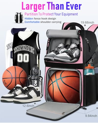 LOINTET Basketball Bag Backpack with Ball Holder Shoes Compartment, Large Basketball Accessories Sports Bag - color: Pink