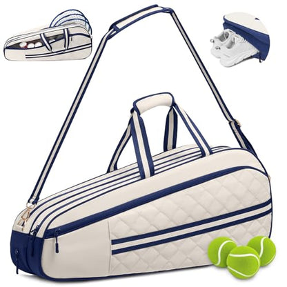 Tennis Bag for Women & Men, 3-6 Rackets Tennis Racket Bag with Shoe Compartment & Insulated Pocket, Water-Resistant Gym Bag, Perfect Tennis Accessories for Court Training & Daily Use - color: Navy Blue - Beige