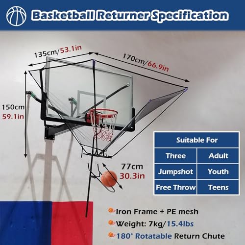 Basketball Hoop Outdoor Net Catcher Return System, 180° Rotatable Basketball Rebounder for Court Inside Training Camp, Shooting Practice Attachment Easy to Set Up