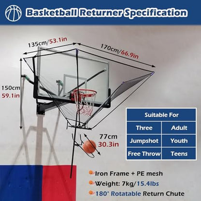 Basketball Hoop Outdoor Net Catcher Return System, 180° Rotatable Basketball Rebounder for Court Inside Training Camp, Shooting Practice Attachment Easy to Set Up