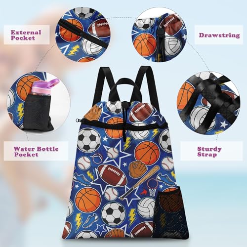 Sports Ball Drawstring Backpack, 15” x 17” Waterproof Swim Bag for Beach Swimming Pool, Lightweight Foldable Gym Bag with Water Bottle Holder for Sports Travel