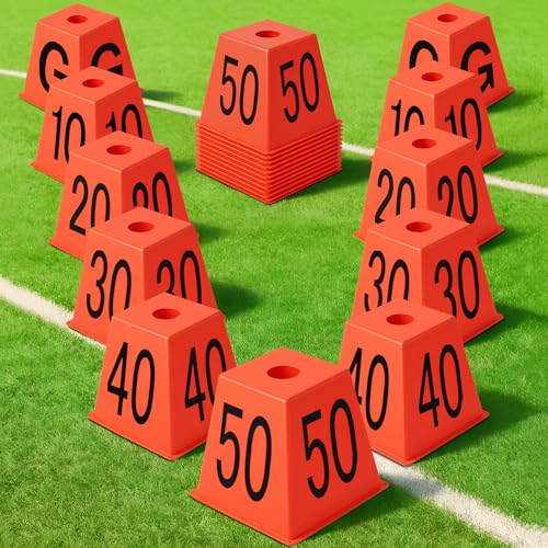 Set of 11 Football Field Yard Line Markers Orange High Visibility Stackable Portable 4 Sided Field Yardage Markers for Football Training
