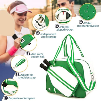 ROYALFAIR Pickleball Tote Bag for Women Men Large Capacity with Paddle Cover Pocket Internal Shoe Pocket and Adjustable Shoulder strap - color: Green