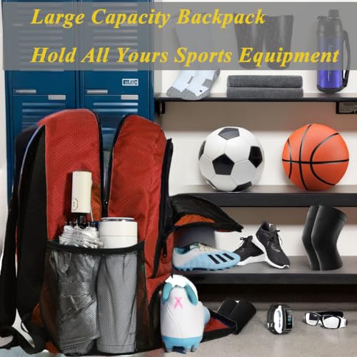 Soccer Bag, Basketball Backpack, Sports Equipment Bag with Shoes and Ball Compartment Holds Sneaks, Helmet, Basketball, Football, Vollyball, Gloves - color: Red/Black