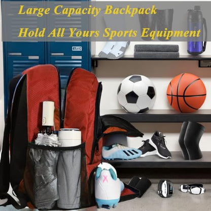 Soccer Bag, Basketball Backpack, Sports Equipment Bag with Shoes and Ball Compartment Holds Sneaks, Helmet, Basketball, Football, Vollyball, Gloves - color: Red/Black