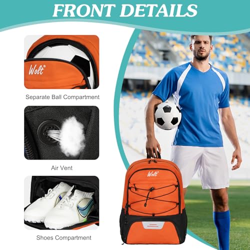 WOLT Soccer Backpack Soccer Bag with Ball Holder & Shoes Compartment, Sport Equipment Bags For Football, Basketball, Volleyball, Gym - color: Orange