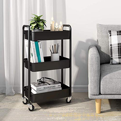 CAXXA 3-Tier Rolling Metal Storage Organizer - Mobile Utility Cart, Kitchen Cart with Caster Wheels (Black) - color: Black