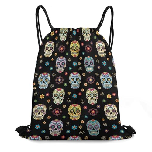 Gym Drawstring Backpack Sackpack Water Resistant for Sports Beach Yoga Travel Unisex, Sugar Skulls Bags - color: Picture (517)