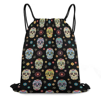 Gym Drawstring Backpack Sackpack Water Resistant for Sports Beach Yoga Travel Unisex, Sugar Skulls Bags - color: Picture (517)