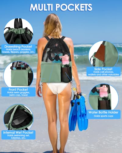 BROTOU Swim Bag Beach Backpack with Wet Pocket Mesh Drawstring Bags for Swimming, Gym - color: Light Green