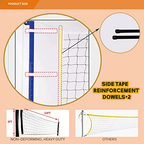 Professional Volleyball Net Heavy Duty Replacement Net - 32x3 FT - Steel Cable & Reinforced Dowels, 4" Square Mesh - for Outdoor Indoor, Backyard, Beach, Court, Pool, Park, School, Drills