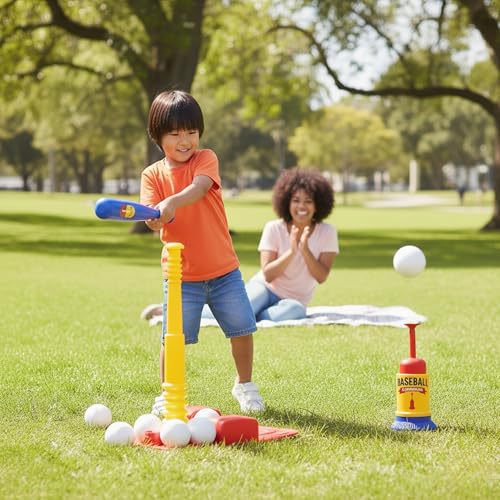T Ball Stand for Kids and Toddlers 1-3, 3-5, 5-8. Baseball Set Includes 6 Large Balls, an Adjustable Tball Batting Tee, and a Pitching Machine. Kids Bat and Ball, T-Ball Sets for Kids