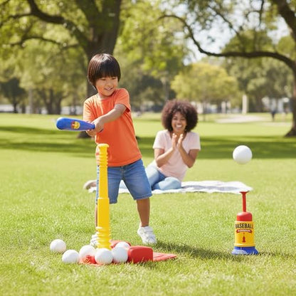 T Ball Stand for Kids and Toddlers 1-3, 3-5, 5-8. Baseball Set Includes 6 Large Balls, an Adjustable Tball Batting Tee, and a Pitching Machine. Kids Bat and Ball, T-Ball Sets for Kids