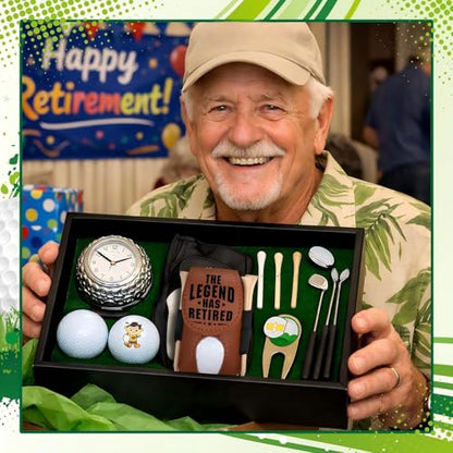 Realspring 8 Pcs Father's Day Golf Retired Gifts Set Daddy Grandpa Golf Gifts, Ball Pouch Bag and 5 Pcs Wood Tees 2 Balls Christmas Birthday Gift for Men, Grandpa from Daughter Son