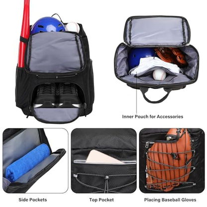 MOSISO Baseball Bat Bag, Large Capacity Baseball Backpack for Men Women, Lightweight Softball Equipment Backpack Catchers Gear Bag with Fence Hook & Shoe Compartment for Training Sports, Black