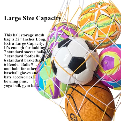 Extra Large Ball Storage Mesh Bag Net for Kids Sports Basketball Football Holding Soccer Volleyball Playground Balls Carrying, Heavy Duty Nylon, 31" Inches Long, Yellow and White