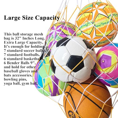 Extra Large Ball Storage Mesh Bag Net for Kids Sports Basketball Football Holding Soccer Volleyball Playground Balls Carrying, Heavy Duty Nylon, 31" Inches Long, Yellow and White