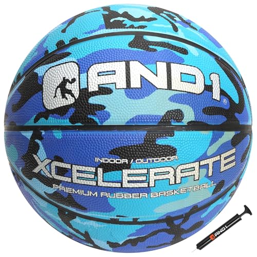 AND1 Xcelerate Rubber Basketball: Official Regulation Streetball, Made for Indoor/Outdoor Games - color: Blue Camo, style: Basketball w/ Pump