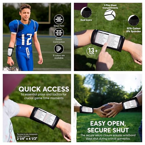 QB Playbook Wristband - Football Quarterback Play Wristbands for Adult and Youth - Wrist Coach for All Sports with 3 Compartments