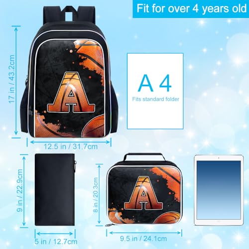 3PCS Basketball Backpack for Boys, 17" Kids Bookbag Water Resistant and Lightweight with Lunch Box for Teen