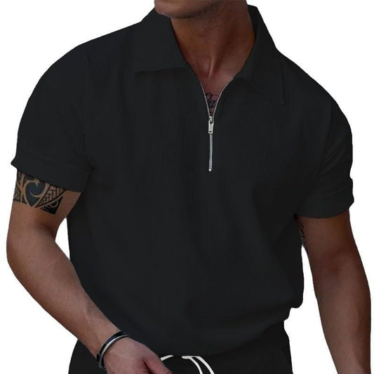Polo Shirts for Men Corduroy Short Sleeve Zipper Solid Color Ribbed Loose Fit Summer Casual Basic Athletic Golf Tee Tops - color: Black, size: X-Large