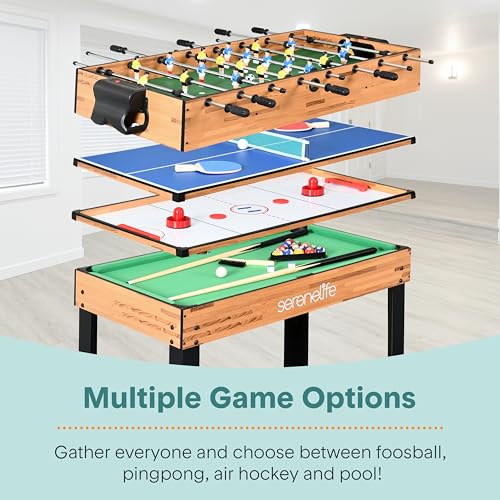 SereneLife Multi Game Table, 48” Sports Arcade Games with Accessories, Ping Pong, Hockey, Pool Billiards, Soccer Foosball All in One, for Indoor and Outdoor, Family, Kids and Adults