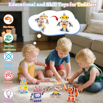 Wooden Robot Building Blocks Toys, STEM Montessori Preschool Toys for 3+ Year Old Toddlers, 35 Pcs Snap Together Take Apart Toy Playset for Kids Ages 3-5, Boys Girls Christmas Birthday Gifts
