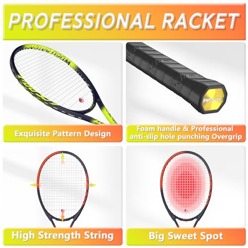 Pro Tennis Racket for Adults, 2 Player 27 inch Speed Tennis Racquet Acceptable for Beginner and Professional with 3 Tennis Balls, 2 Vibration Dampes, 2 Overgrips, Tennis Bag - color: Yellow & Orange