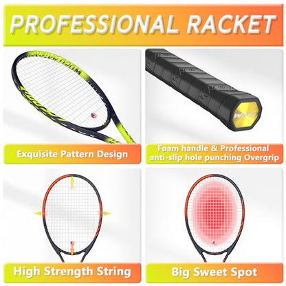 Pro Tennis Racket for Adults, 2 Player 27 inch Speed Tennis Racquet Acceptable for Beginner and Professional with 3 Tennis Balls, 2 Vibration Dampes, 2 Overgrips, Tennis Bag - color: Yellow & Orange