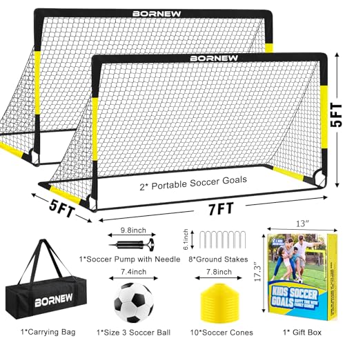 Kids Soccer Goal for Backyard Set - 2 Set of 7X5 / 6X4 ft Toddler Soccer Nets Training Equipment, Soccer Ball, Pop Up Portable Soccer Set for Kids and Youth Games and Training Goals Ages 3-16 Gift - color: 1.Black Yellow, style: 7' x 5'