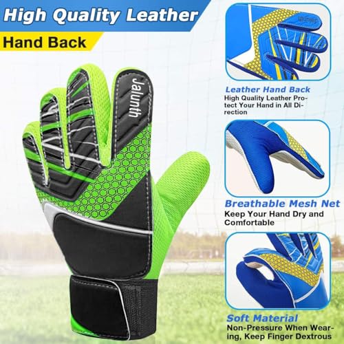 Jalunth Goalkeeper Goalie Soccer Gloves Kids Youth Goal Keeper Field Player Glove Boys Girls Embossed Anti-Slip Latex Palm Soft Pu Hand Back - color: Black Green, size: Size 8 Suitable for 11-13 Years