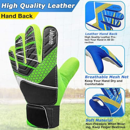 Jalunth Goalkeeper Goalie Soccer Gloves Kids Youth Goal Keeper Field Player Glove Boys Girls Embossed Anti-Slip Latex Palm Soft Pu Hand Back - color: Black Green, size: Size 8 Suitable for 11-13 Years