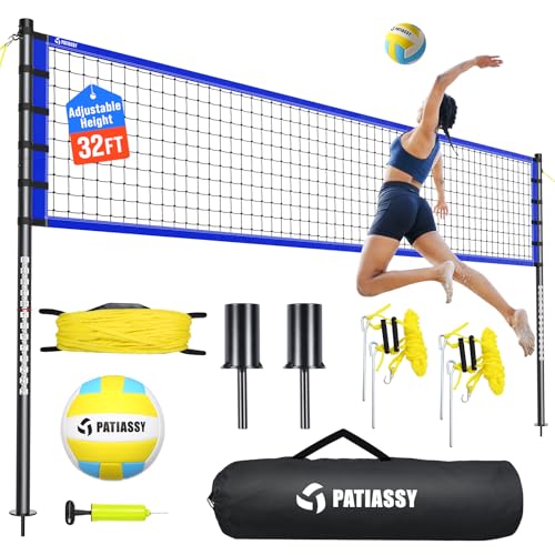 Outdoor Volleyball Net Set for Backyard & Beach, 32FT Regulation Size, Easy Setup Adjustable Height Poles, Portable Net System with PU Volleyball, Pump & Carry Bag - color: C-Deep Blue