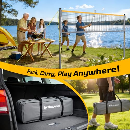 Haokelball Outdoor Badminton Net Set with Anti-Sag Winch System - 20ft Badminton Net, 4 Rackets, 4 Shuttlecocks & Carry Bag, Badminton Set for Backyard, Grass, Beach, Holiday Games - color: Gray