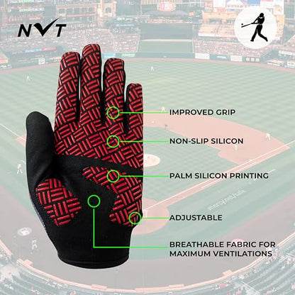 NVT Baseball Batting Gloves Youth & Adult Men Women- Padded Softball Batting Gloves with Super Grip Silicone Palm, Breathable Flexible Fit- Baseball Gloves for Kids Boys Girls - color: Red, size: Adult Medium
