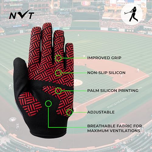 NVT Baseball Batting Gloves Youth & Adult Men Women- Padded Softball Batting Gloves with Super Grip Silicone Palm, Breathable Flexible Fit- Baseball Gloves for Kids Boys Girls - color: Red, size: Youth X-Large