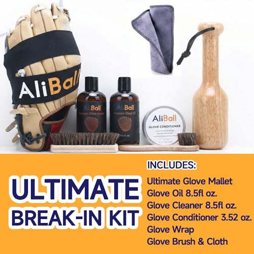 AliBall Baseball Glove Break-in & Care Kit, 8.5 fl oz Glove Oil, 8.5 fl oz Cleaner & 3.52 oz Conditioner, Mallet, Wrap, 2 Brushes & Cloth for Baseball/Softball Mitts - style: Basic Value Kit